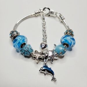 NWT Pandora Style Charm Bracelet Blue Silver Dolphin Whale Beach Starfish XS - S